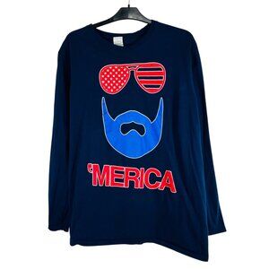 ‘Merica Patriotic Long-Sleeve T-Shirt With Graphic Beard & Sunglasses Blue & Red